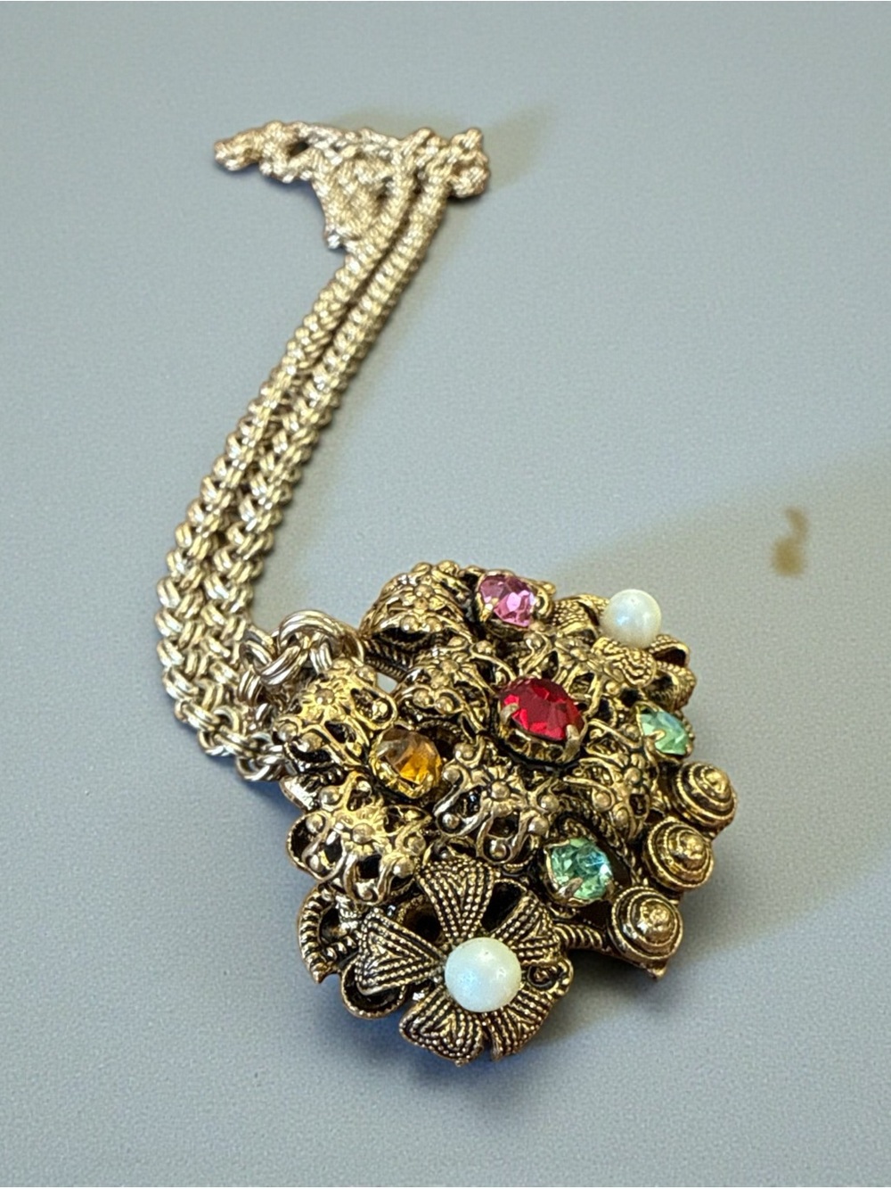 Vintage Czech Rhinestone Floral Basket Pendant with 30” Chain - Picture 8 of 11